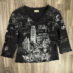 Cactus Italy Rome Graphic Long Sleeve Top Womens Small 100% Cotton USA